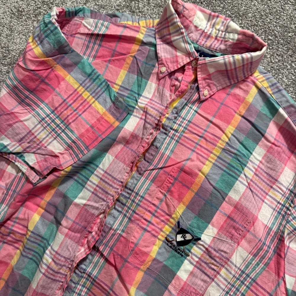 Ralph Lauren Shirt Mens M Pink Plaid Cotton Tilden Golf Crest Short Sleeve Y2K